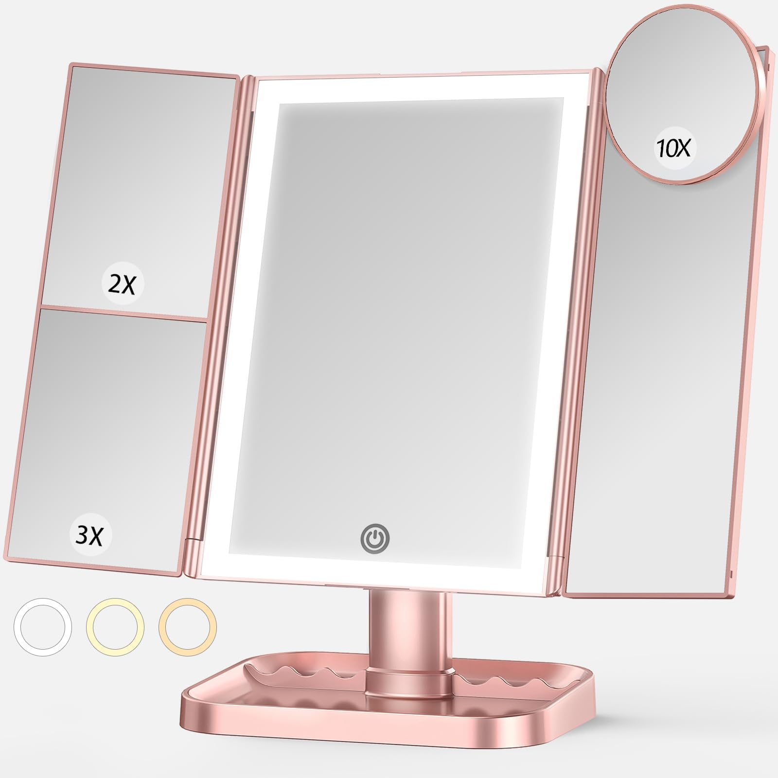Lighted Makeup Mirror with 3 Color Lighting, Mirror with Extra Round 10X Magnifying Mirror, 72 LED Vanity Mirror, 10x 3X 2X Magnification, Touch Control, Dual Power Supply, Gift for Woman(Rose Gold)